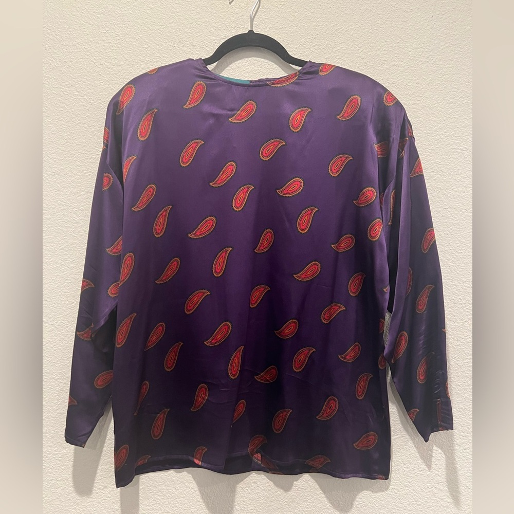 Vintage Anthony Silk Blouse Plum Purple Paisley Print Top Size 8 Jewel Tone